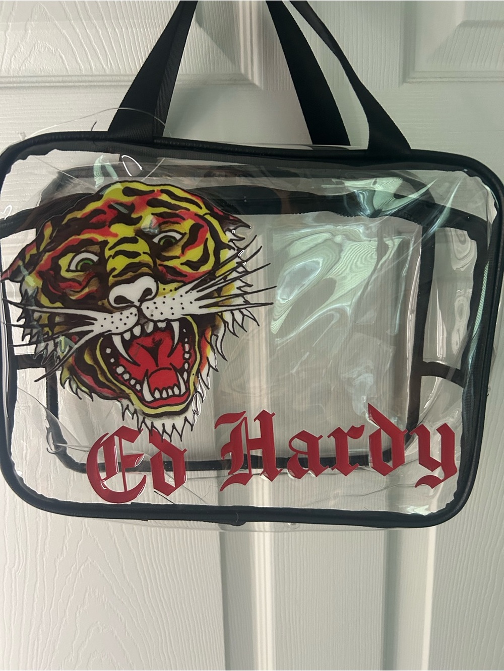 Ed Hardy Clear Tote with Multicolor Tiger Graphic and Black Trim